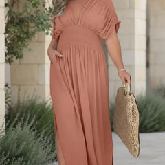 NORA light breeze dress in terracotta, V-neck maxi, short sleeves, smocked waist, side slit.