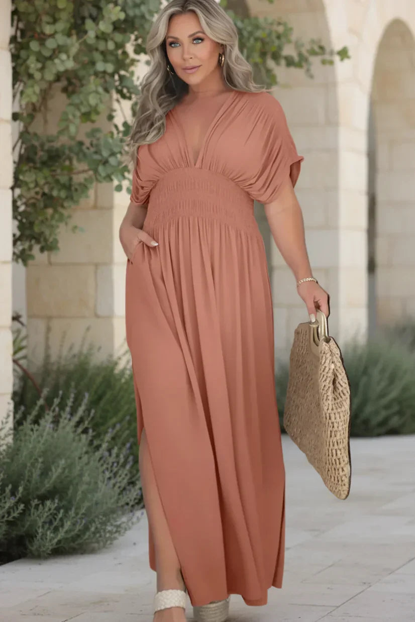 NORA light breeze dress in terracotta, V-neck maxi, short sleeves, smocked waist, side slit.