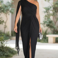 Jet black one-shoulder evening gown with draped bodice, side slit, chiffon overlay