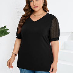 Black sheer-sleeve V-neck top with short puff sleeves and relaxed fit.