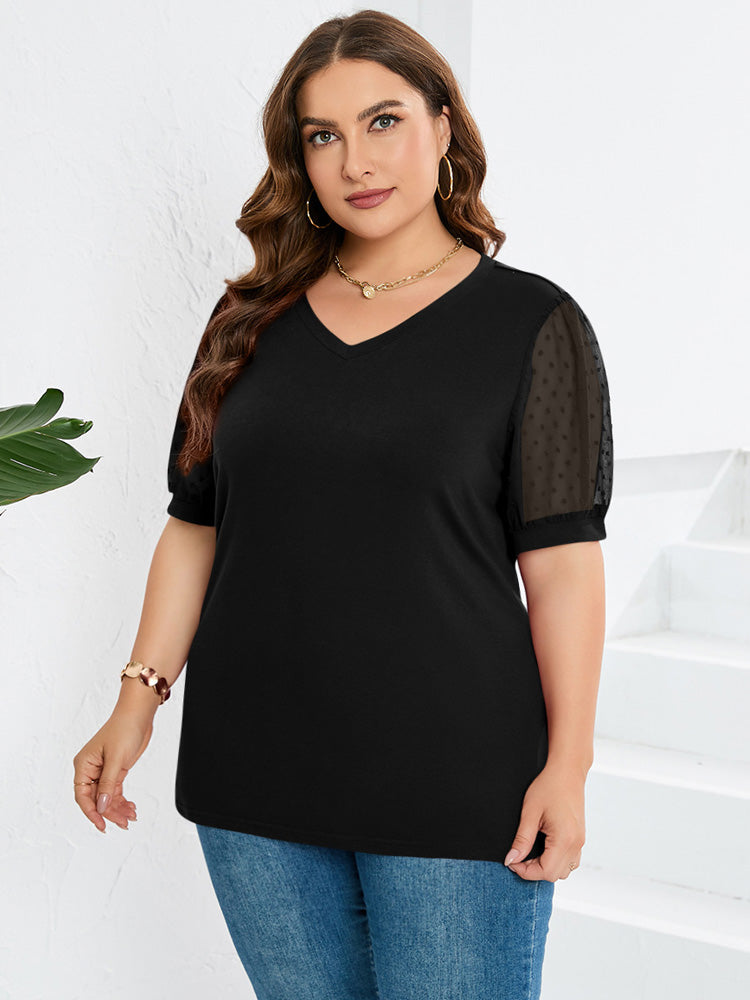 Black sheer-sleeve V-neck top with short puff sleeves and relaxed fit.