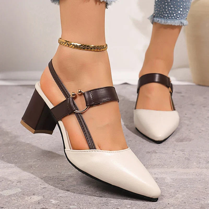 Two-tone ring-strap heels with block heel, black straps and white toe cap