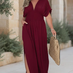 NORA light breeze dress in burgundy, V-neck maxi, short sleeves, smocked waist, side slit.