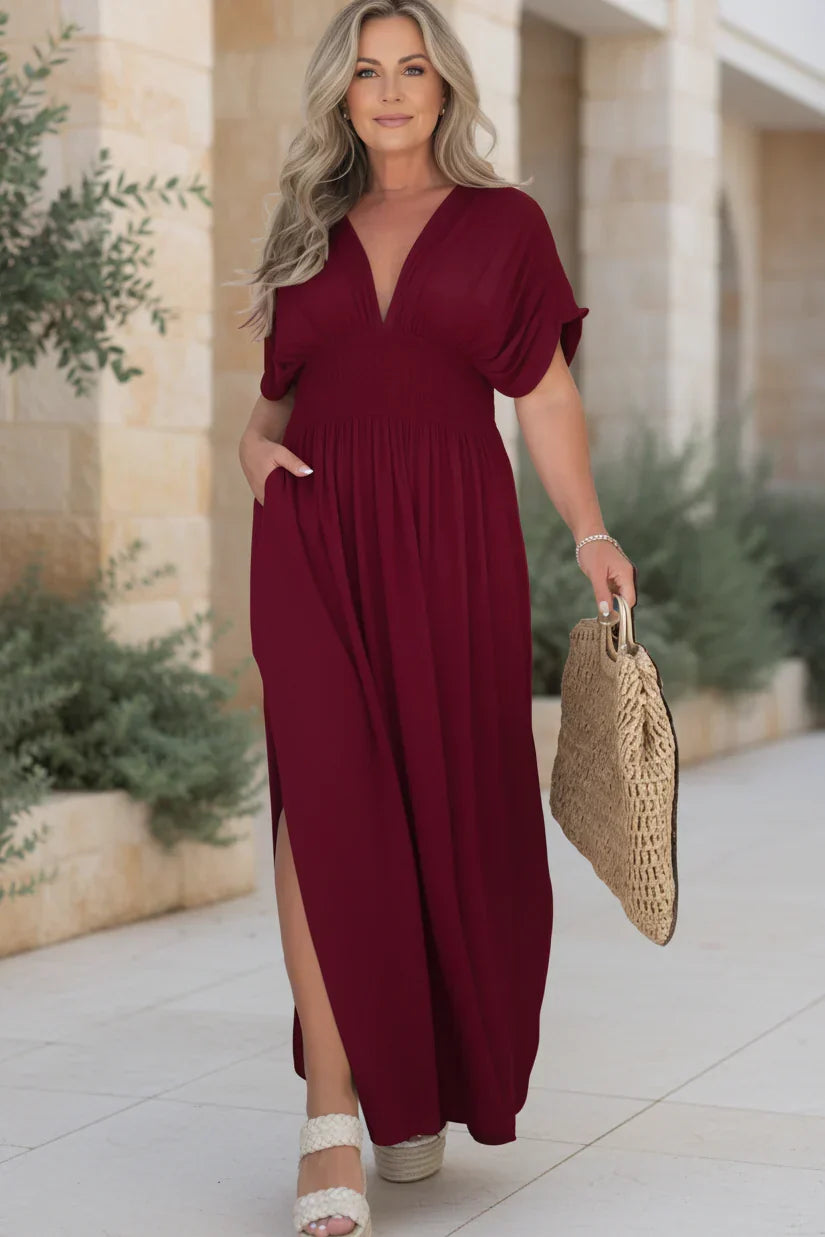 NORA light breeze dress in burgundy, V-neck maxi, short sleeves, smocked waist, side slit.