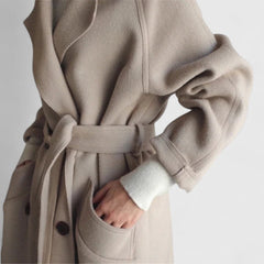 Maeve classic elegant coat, beige belt tie with pocket opening and buttoned front