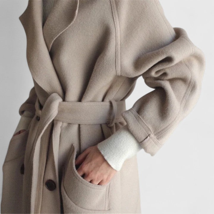 Maeve classic elegant coat, beige belt tie with pocket opening and buttoned front