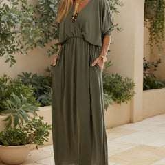 Olive green long maxi dress with gathered waist, 3/4 sleeves, scoop neck, side slit