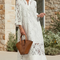 Ivory lace midi dress with V-neck and lace panel detailing, buttoned cuff tabs