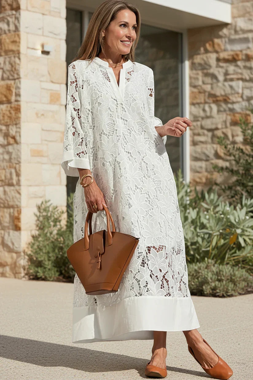 Ivory lace midi dress with V-neck and lace panel detailing, buttoned cuff tabs