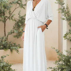 Soft white long maxi dress with gathered waist, 3/4 sleeves, scoop neck, side slit