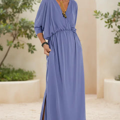 Lavender purple long maxi dress with gathered waist, 3/4 sleeves, scoop neck, side slit