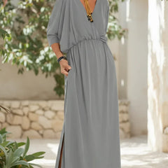 Light gray long maxi dress with gathered waist, 3/4 sleeves, scoop neck, side slit