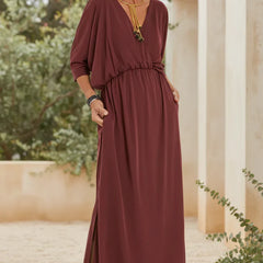 Burgundy red long maxi dress with gathered waist, 3/4 sleeves, scoop neck, side slit