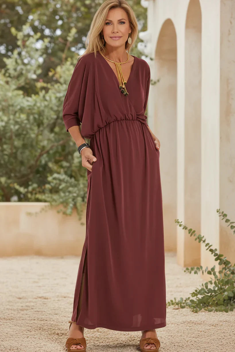Burgundy red long maxi dress with gathered waist, 3/4 sleeves, scoop neck, side slit