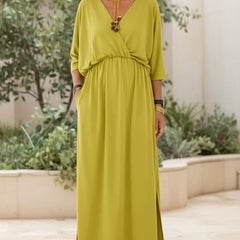 Lemon yellow long maxi dress with gathered waist, 3/4 sleeves, scoop neck, side slit