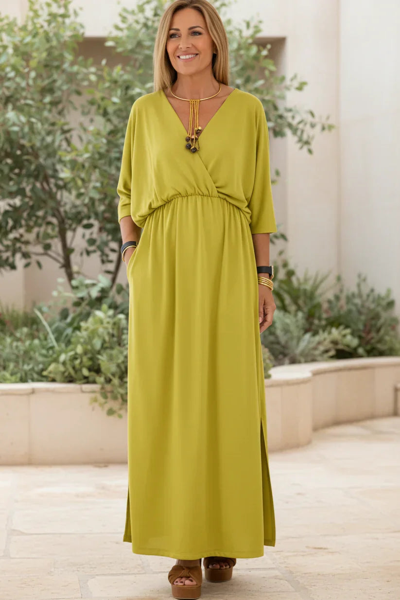 Lemon yellow long maxi dress with gathered waist, 3/4 sleeves, scoop neck, side slit