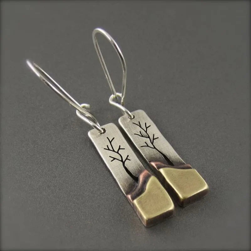 Tree dangle earrings with gold rectangles and silver branch cutout, lever hooks