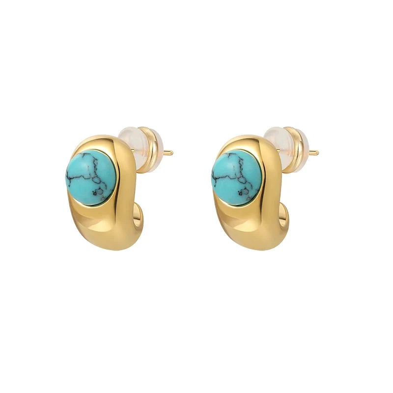 Pair of gold-tone stud hoop earrings with turquoise round cabochons