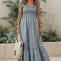 Stone gray gingham ruffle dress with square neckline, cap sleeves, tiered skirt