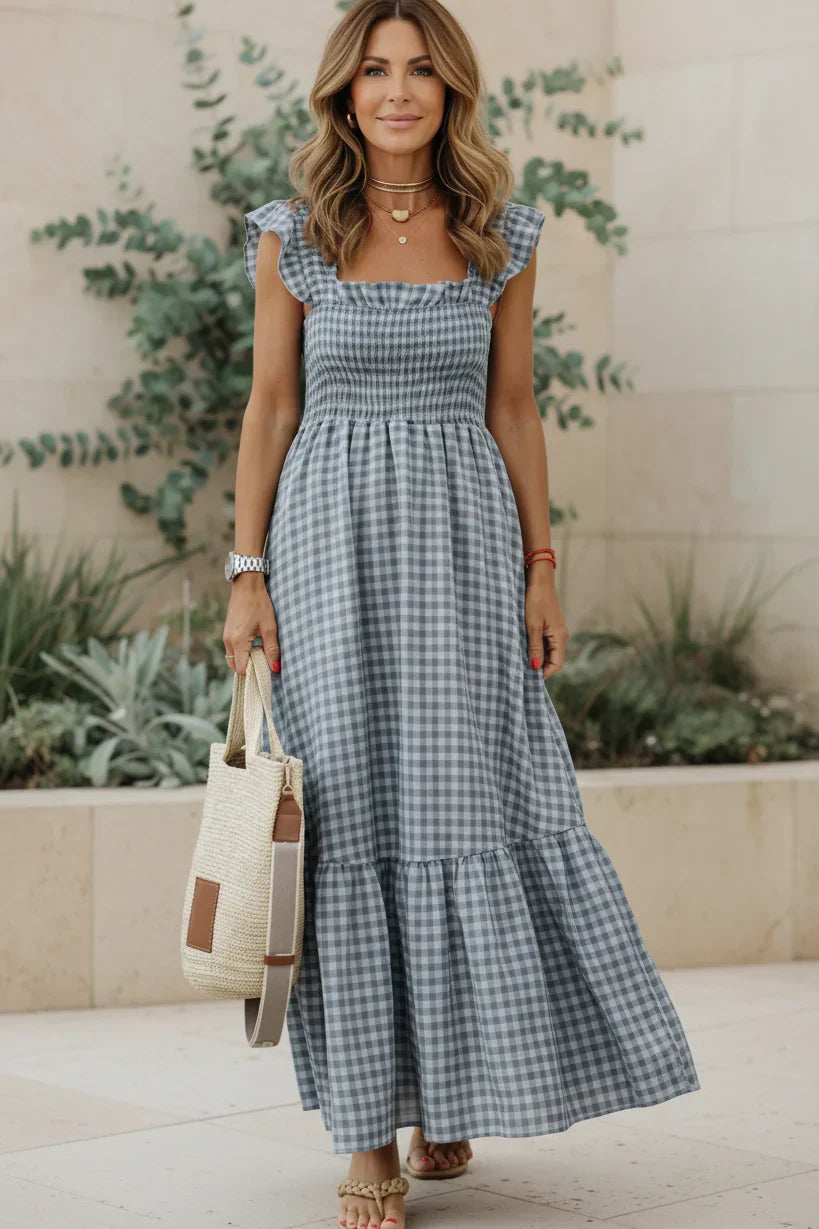 Stone gray gingham ruffle dress with square neckline, cap sleeves, tiered skirt