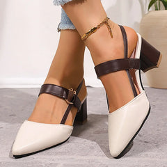 Two-tone ring-strap heels with block heel, white toe and brown ankle strap