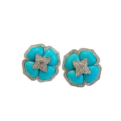 Turquoise flower stud earrings with bright crystal star centers and silver-tone borders
