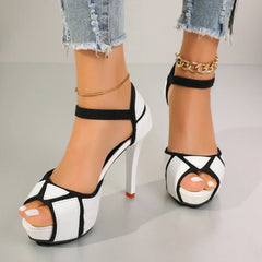 White and black peep-toe platform heels with ankle strap and high stiletto heel