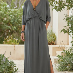 Dark gray long maxi dress with gathered waist, 3/4 sleeves, scoop neck, side slit
