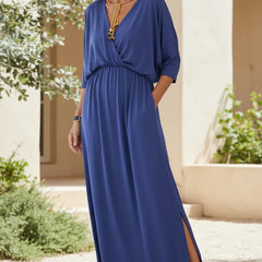 Ocean blue long maxi dress with gathered waist, 3/4 sleeves, scoop neck, side slit
