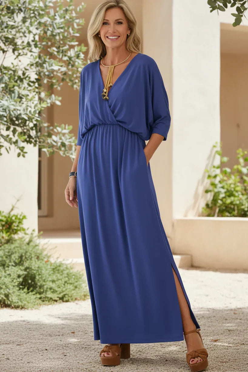 Ocean blue long maxi dress with gathered waist, 3/4 sleeves, scoop neck, side slit