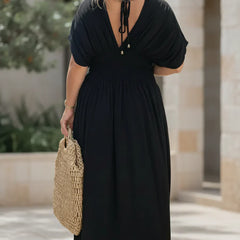 NORA light breeze dress in onyx black, V-neck back tie, short sleeves, smocked maxi.