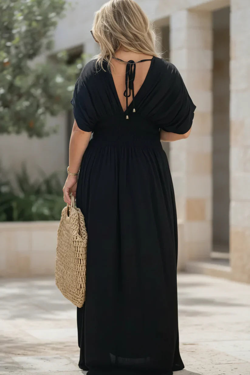 NORA light breeze dress in onyx black, V-neck back tie, short sleeves, smocked maxi.