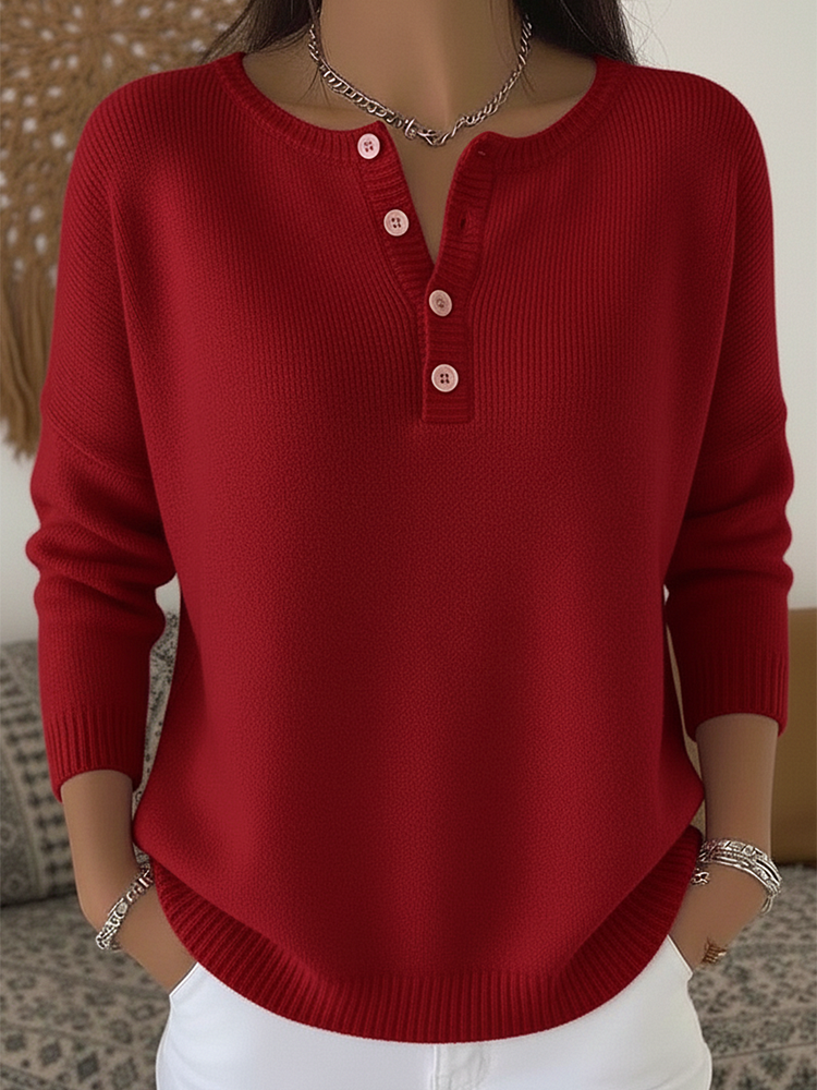 Red knit button-up jumper with henley neckline and ribbed cuffs and hem