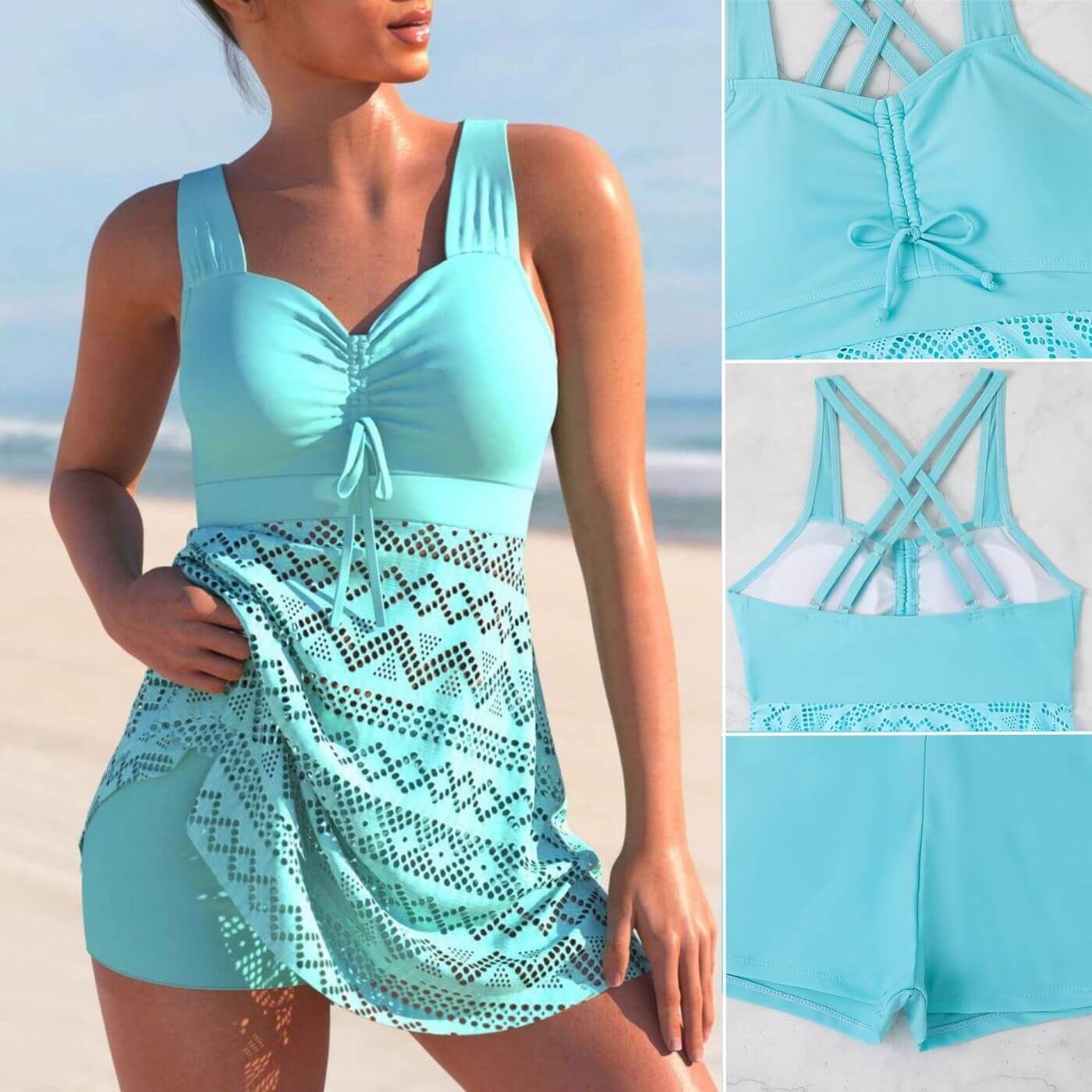 Turquoise ruched swim dress tankini with V-neck tie front and crisscross back