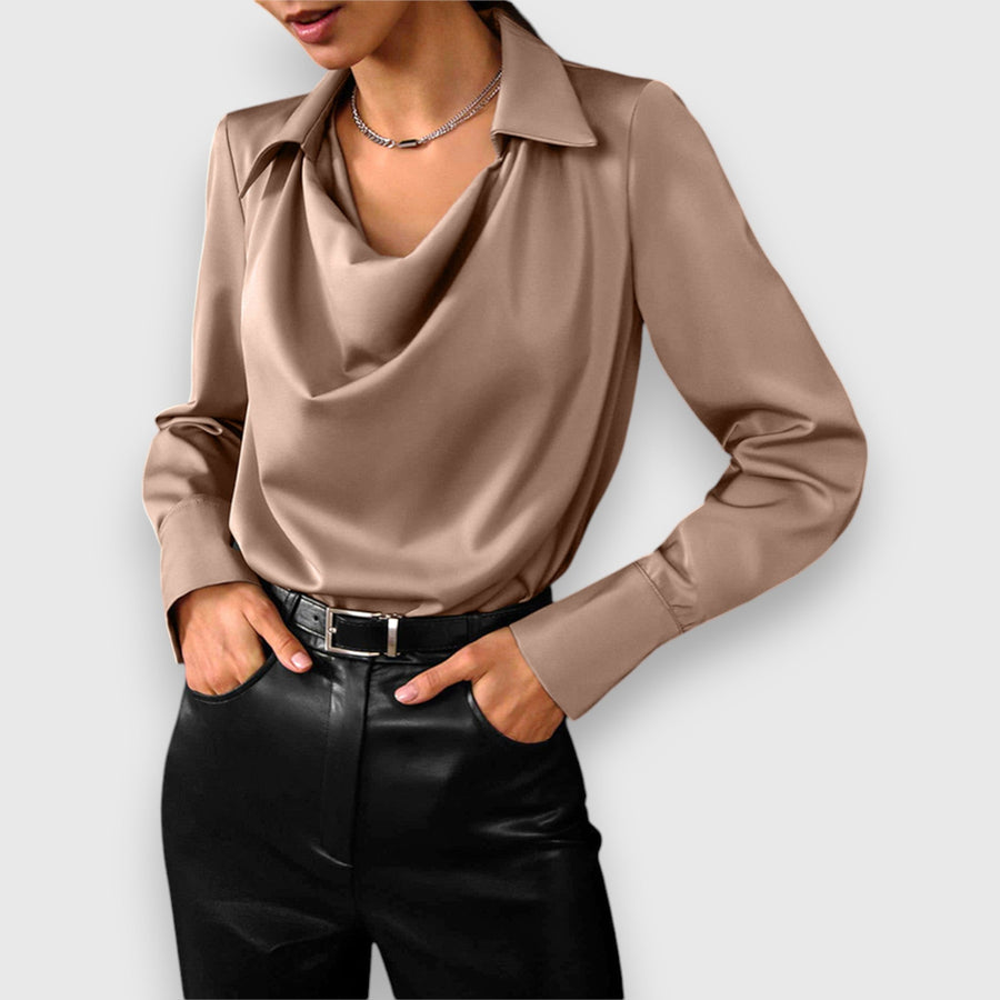 Long sleeve satin blouse with draped cowl neckline, brown