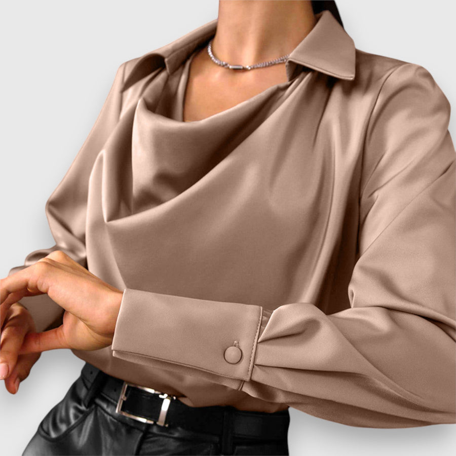 Long sleeve satin blouse with draped cowl neckline, brown; button cuff