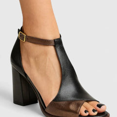 Black and brown orthopedic heeled sandal with open toe and ankle strap
