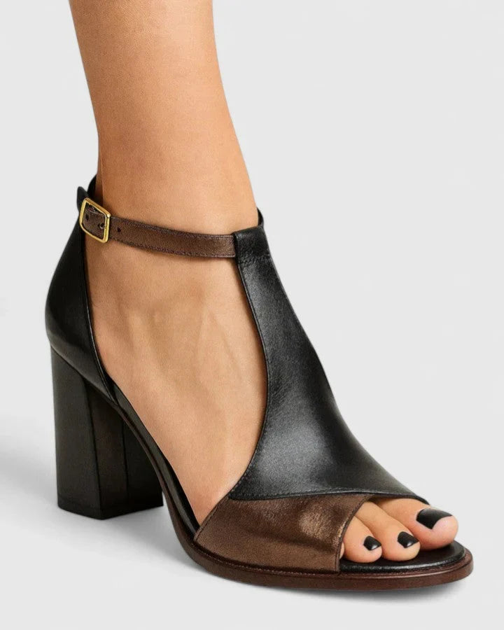 Black and brown orthopedic heeled sandal with open toe and ankle strap