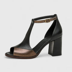 Black open-toe heeled sandal with ankle strap and block heel, side view