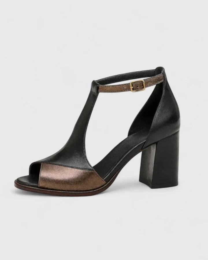Black open-toe heeled sandal with ankle strap and block heel, side view