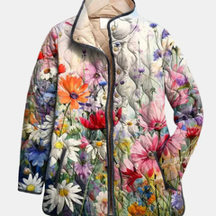 Multicolor floral quilted jacket with button front and stand collar