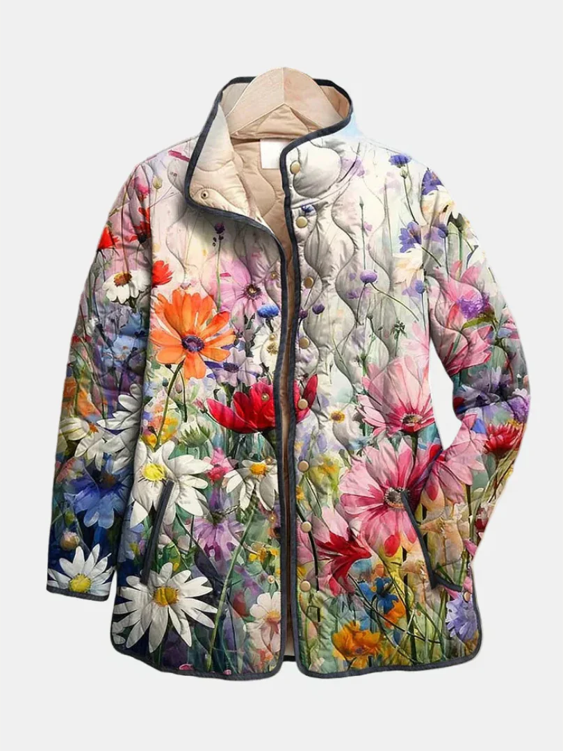 Multicolor floral quilted jacket with button front and stand collar