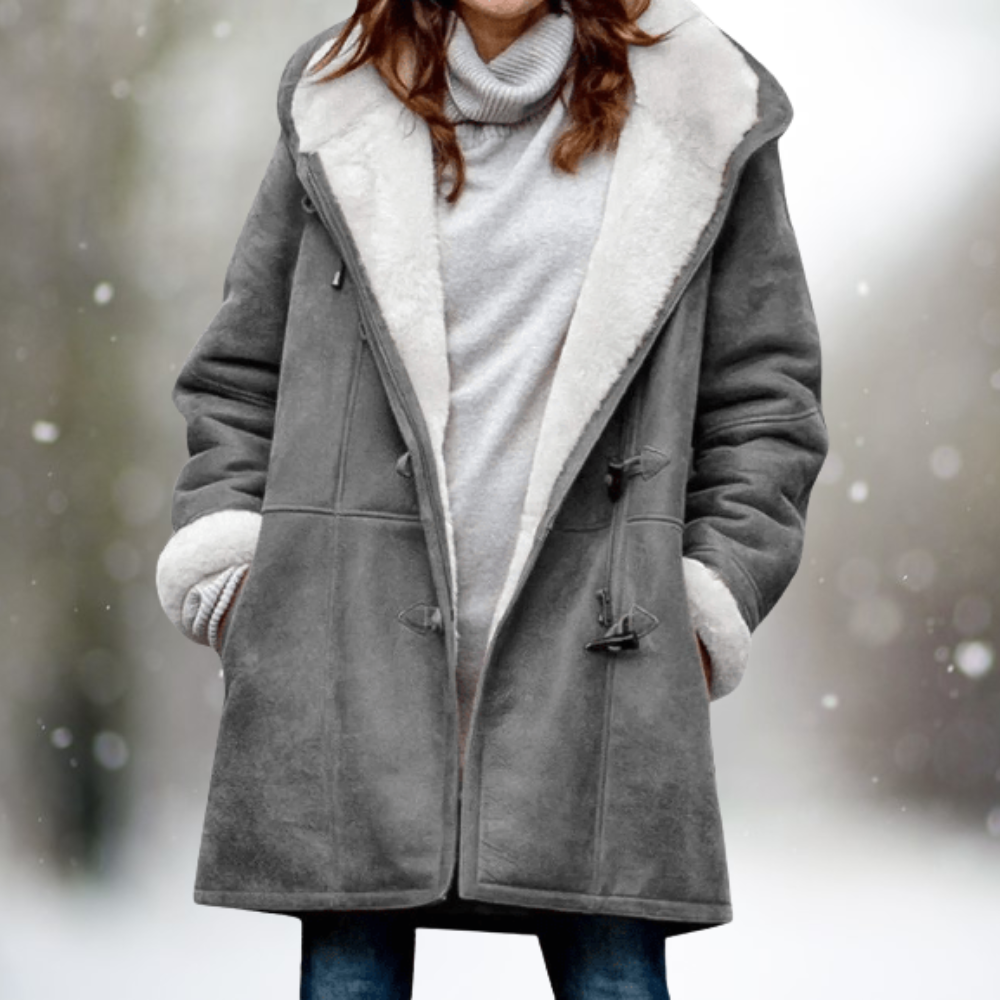 Grey shearling coat with light shearling collar trim, toggle closures, long sleeves