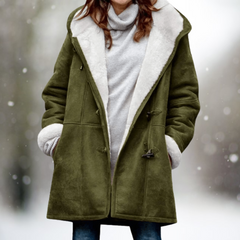 Green shearling coat with light shearling trim, toggle front, long sleeves