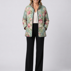 Quilted floral zip-front jacket in light teal with pink rose print