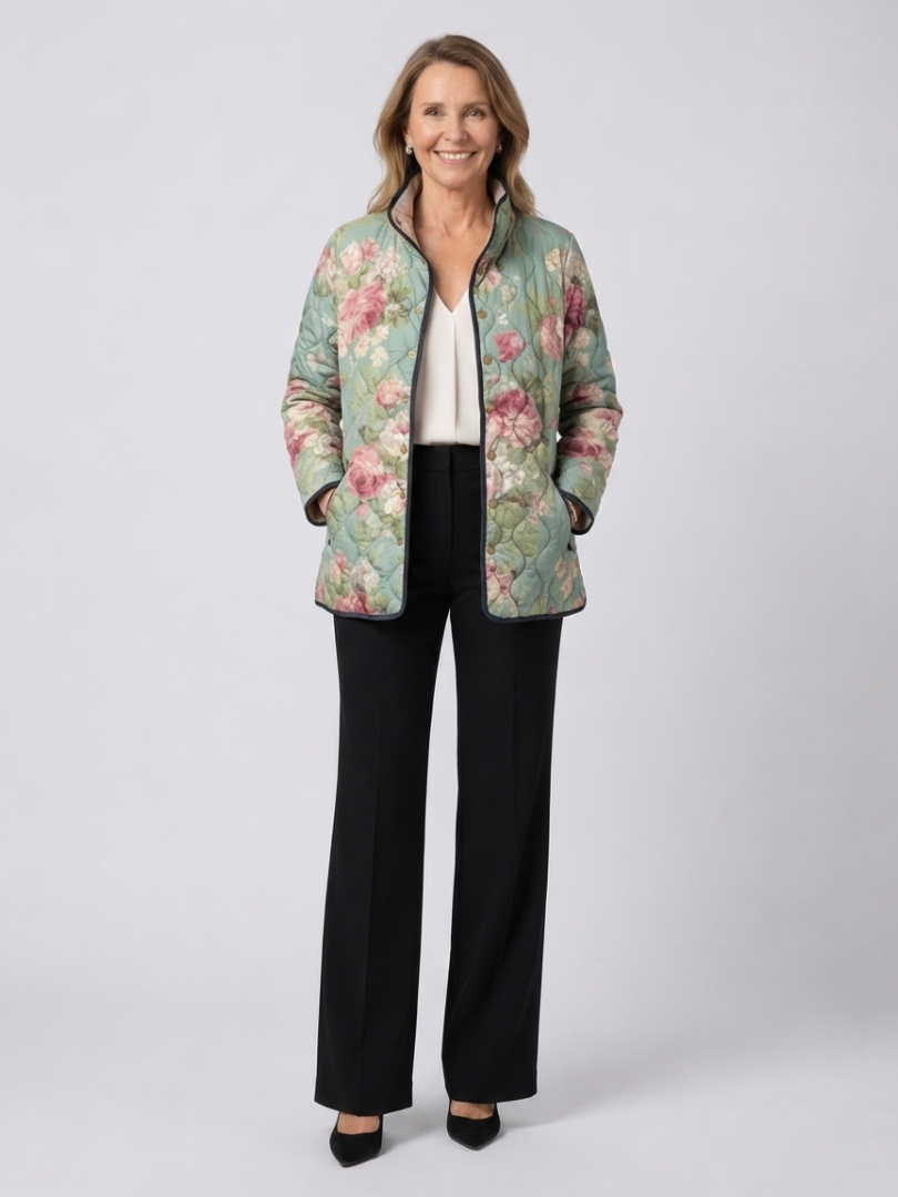Quilted floral zip-front jacket in light teal with pink rose print