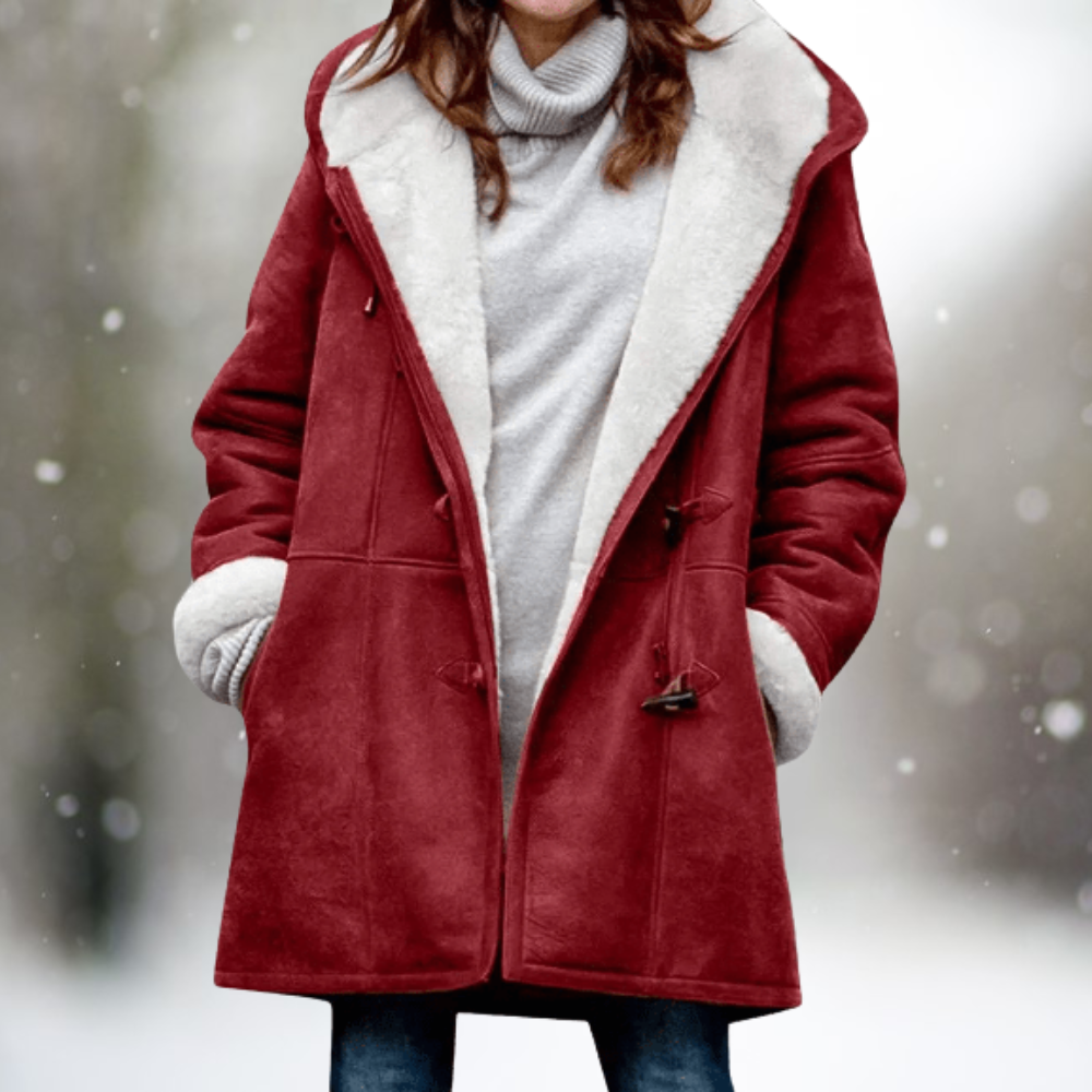 Red shearling coat with light shearling trim, toggle button front, long sleeves