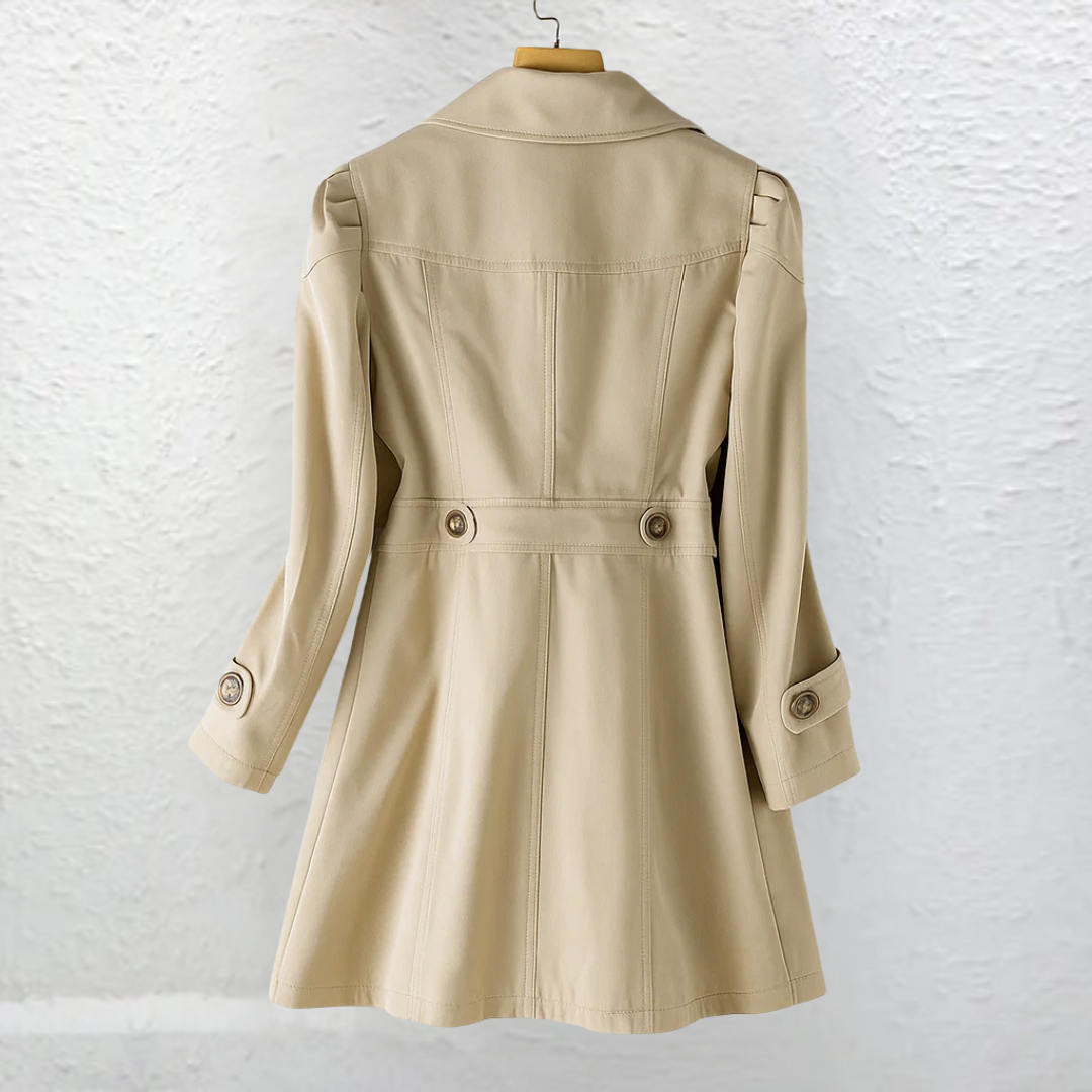 Beige back view trench-style coat with waist belt and buttoned cuffs