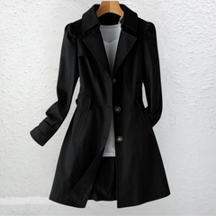 Black trench-style summer coat with gold-tone button front and structured shoulders