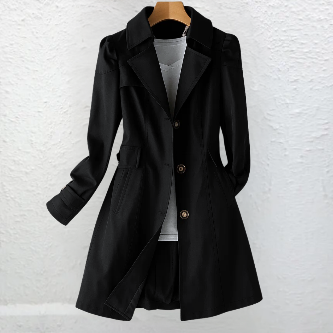 Black trench-style summer coat with gold-tone button front and structured shoulders